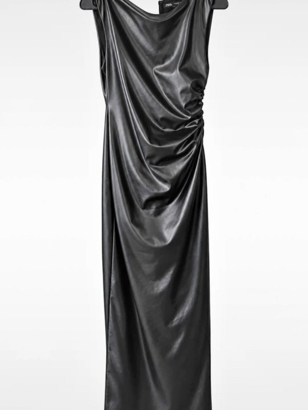 Zara Faux Leather Midi Dress Black Ruched